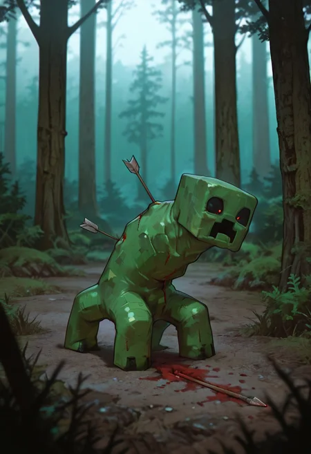 masterpiece, best quality, amazing quality, very aesthetic, absurdres, newest, , detailed background,
movie scene, cinematic scene, cinematic, foreground blur, depth of field,
crpr, no humans, full body, pokemon (creature), open mouth, green skin, black sclera, black mouth,
embedded arrow, wounds, bleeding, hunched back, forest background,