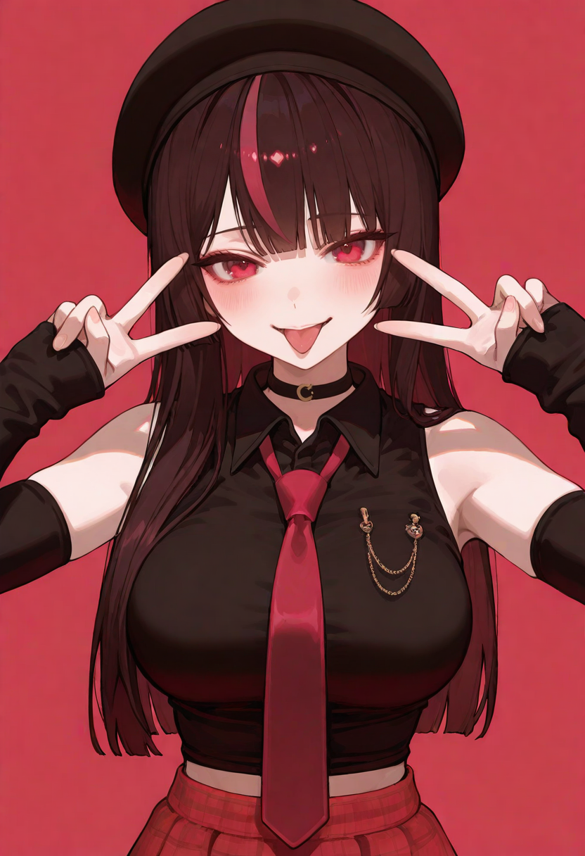 large breasts, detailed body, detailed eyes, narrow waist, (portrait, from front, dynamic pose:1.2), 
mature female, korean, korean idol, (mature eyes:1.2),
(pale skin:1.1), (blush:1.2), (looking at viewer:1.1), smile, tongue out, 
double v, (close-up, upper body:1.1), pink background, simple background, 
(1girl, solo:1.1), 
complexion, healthy glow, long waist, 
masterpiece, best quality, good quality, newest, very aesthetic, absurdres,
<lora:Himeruru:0.7> himeruru, long hair, pink streaked hair, brown hair, thighhighs, sleeveless, choker, detached sleeves, hat, (plaid skirt:1.2), black thighhighs, red skirt, black headwear, skirt, necktie, sleeveless shirt, black shirt,