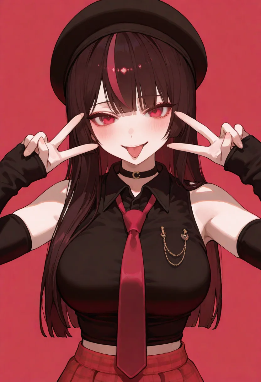 large breasts, detailed body, detailed eyes, narrow waist, (portrait, from front, dynamic pose:1.2),
mature female, korean, korean idol, (mature eyes:1.2),
(pale skin:1.1), (blush:1.2), (looking at viewer:1.1), smile, tongue out,
double v, (close-up, upper body:1.1), pink background, simple background,
(1girl, solo:1.1),
complexion, healthy glow, long waist,
masterpiece, best quality, good quality, newest, very aesthetic, absurdres,
<lora:Himeruru:0.7> himeruru, long hair, pink streaked hair, brown hair, thighhighs, sleeveless, choker, detached sleeves, hat, (plaid skirt:1.2), black thighhighs, red skirt, black headwear, skirt, necktie, sleeveless shirt, black shirt,