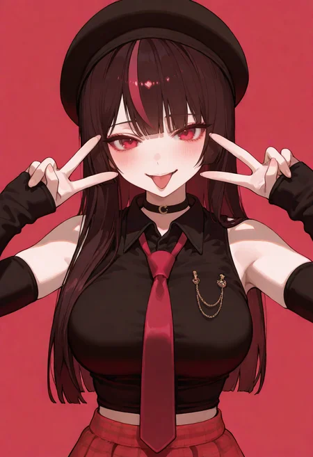 large breasts, detailed body, detailed eyes, narrow waist, (portrait, from front, dynamic pose:1.2),
mature female, korean, korean idol, (mature eyes:1.2),
(pale skin:1.1), (blush:1.2), (looking at viewer:1.1), smile, tongue out,
double v, (close-up, upper body:1.1), pink background, simple background,
(1girl, solo:1.1),
complexion, healthy glow, long waist,
masterpiece, best quality, good quality, newest, very aesthetic, absurdres,
<lora:Himeruru:0.7> himeruru, long hair, pink streaked hair, brown hair, thighhighs, sleeveless, choker, detached sleeves, hat, (plaid skirt:1.2), black thighhighs, red skirt, black headwear, skirt, necktie, sleeveless shirt, black shirt,