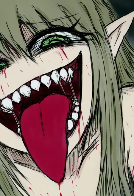 Bl ls, 1girl, solo, tongue, blood, crazy eyes, green eyes, green hair, crazy, tongue out, pointy ears, long hair, crazy smile, teeth
masterpiece,best quality,high definition,ultra-detailed,<lora:Black_Souls-000130:1>,