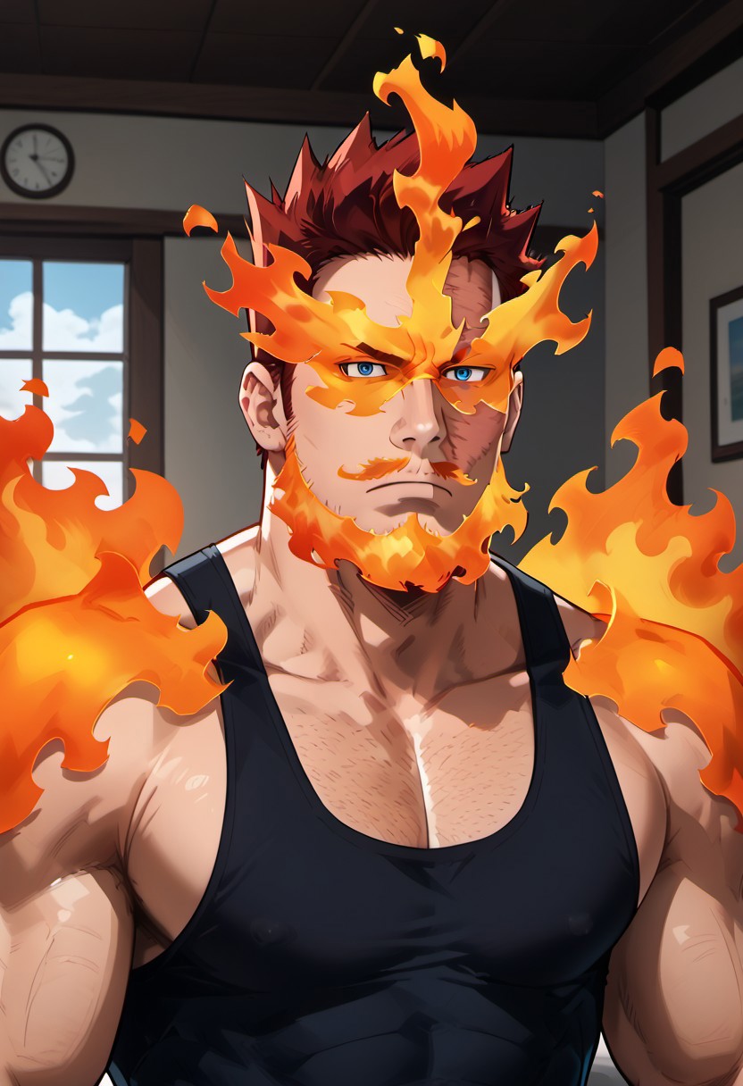 score_9_up, score_8_up, score_7_up, masterpiece, best quality, amazing quality, very aesthetic, absurdres, newest,  high quality, detailed, male, solo male, Endeavor, 1boy, mature male, human, broad shoulders, muscular, buff, dark red hair, blue eyes, facial hair, mustache, beard, goatee, scar, bara, flames, flame mask, flame beard, flame facial hair, hero, black tank top, blue pants, fire, standing, half body, looking at viewer, scowl, indoors, dojo, half body, dynamic shot, cowboy shot