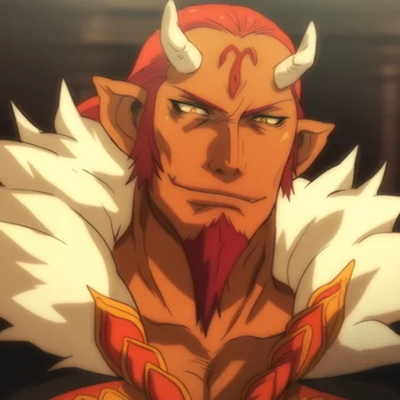 score_9_up, score_8_up, score_7_up, solo, portrait, 1boy, pkc_ginyol, red hair, red goatee, horns, pointy ears, body suit, smirk,