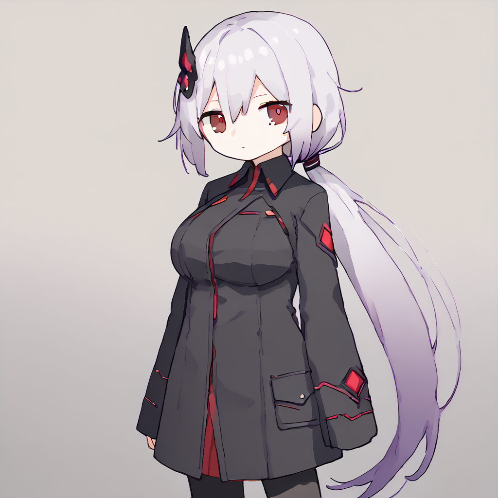 <lora:!:1>,  <lora:darkfalzdouble:0.8> darkfalzdouble, solo, 1girl, red eyes, purple hair, low ponytail, long ponytail, white hair, hair gradient, hair accessories, black coat, long sleeves, black leggings, large breasts