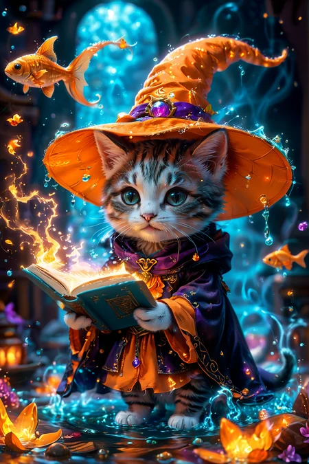 A hyper-detailed and ultra-high-definition scene depicting a magical world where a cute kitten is casting spells to summon fish from a magic book. The kitten, perfectly rendered with accurate anatomy and incredible detail, is dressed in an adorable witch's robe and hat. The kitten is holding a magic book in one paw, from which fish are jumping into the air, surrounded by a flow of magical energy. The scene captures the whimsical and enchanting atmosphere, with the kitten's full body in view, exuding a kawaii charm.
hyper-detailed, ultra-high-definition, magical world, cute kitten, accurate anatomy, witches robe, witches hat, magic book, spellcasting, fish in the air, energy flow, whimsical, enchanting, kawaii, adorable, masterpiece, amazing quality, best quality. (flying fish:1.3),
<lora:Fantasy_Wizard__Witches_SDXL:0.75>, hkmagic,
<lora:add-detail-xl:1.0>,
<lora:EnvyBetterHiresFixXL01:1.0>,
<lora:extremely_detailed:1.0>, extremely detailed,
<lora:glowneon_xl_v1:0.6> glowneon, glowing,
<lora:EldritchMixIllustration_1.1:0.25>,
<lora:SDXLFaeTastic2400:0.45>,