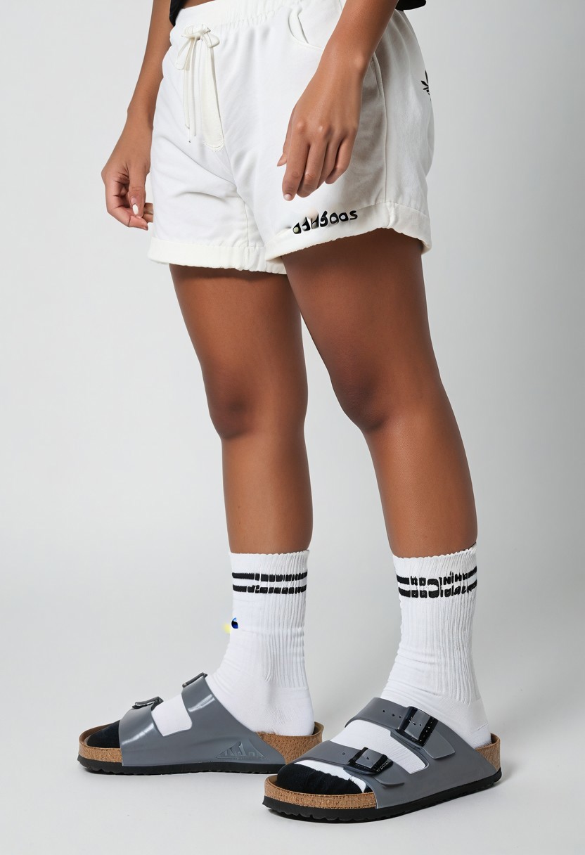 photorealistic, masterpiece, best quality.
1girl, solo, simple_background, white_background, standing.
calves, thighs, adidas_shorts, lower_body, slippers, footwear_focus, scksnsndls, birksonsocks, black_socks.