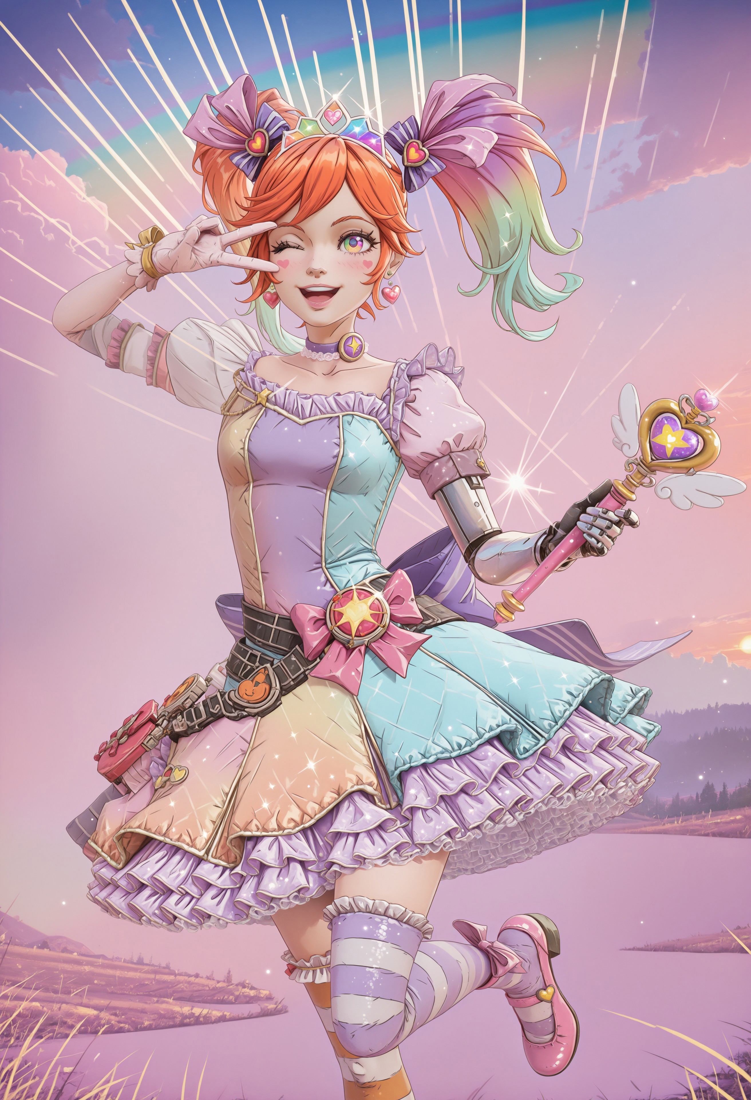 CSGV1.0, cel shading, 3d,  
1girl, gaige, 1girl, orange hair, twintails, twintails, green eyes, (prosthesis), gloves,
gradient eyes, rainbow eyes, pastel rainbow hair, multicolored hair, gradient hair, long hair, (hair ornament:1.2), masterpiece, best quality, absurdres,
(pastel colors, pastel blue, pastel orange, pastel green, pastel purple), pastel rainbow magical girl, padded magical girl dress, kawaii, frilled skirt, striped thighhighs, frilled thighhighs, mismatched thighhighs, padded pastel rainbow dress, multilayered dress, petticoat, padded dress, puffy short sleeves, elbow gloves, rainbow tiara, gem brooch, pastel choker, large bow, ribbons, lace trim, frills, satin, sparkles, glitter, heart earrings, rainbow accessories, jewelry, bobby socks, frilled mary janes, pink shoes, colored shoe soles,
lipgloss, eyelashes, blush, light makeup,  
outdoors, nature, clouds, sunset, backlighting,
solo, cowboy shot, standing on one leg, happy, smile, open mouth, one eye closed, wink, v over eye, one arm up, holding magical girl wand, heart scepter,
intricate, highly detailed, majestic, shallow depth of field, movie still, circular polarizer, light reflections, light particles, particles, sun rays