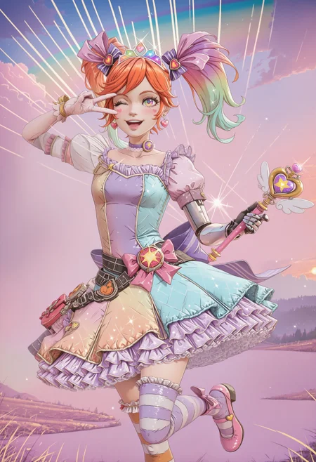 CSGV1.0, cel shading, 3d,
1girl, gaige, 1girl, orange hair, twintails, twintails, green eyes, (prosthesis), gloves,
gradient eyes, rainbow eyes, pastel rainbow hair, multicolored hair, gradient hair, long hair, (hair ornament:1.2), masterpiece, best quality, absurdres,
(pastel colors, pastel blue, pastel orange, pastel green, pastel purple), pastel rainbow magical girl, padded magical girl dress, kawaii, frilled skirt, striped thighhighs, frilled thighhighs, mismatched thighhighs, padded pastel rainbow dress, multilayered dress, petticoat, padded dress, puffy short sleeves, elbow gloves, rainbow tiara, gem brooch, pastel choker, large bow, ribbons, lace trim, frills, satin, sparkles, glitter, heart earrings, rainbow accessories, jewelry, bobby socks, frilled mary janes, pink shoes, colored shoe soles,
lipgloss, eyelashes, blush, light makeup,
outdoors, nature, clouds, sunset, backlighting,
solo, cowboy shot, standing on one leg, happy, smile, open mouth, one eye closed, wink, v over eye, one arm up, holding magical girl wand, heart scepter,
intricate, highly detailed, majestic, shallow depth of field, movie still, circular polarizer, light reflections, light particles, particles, sun rays
