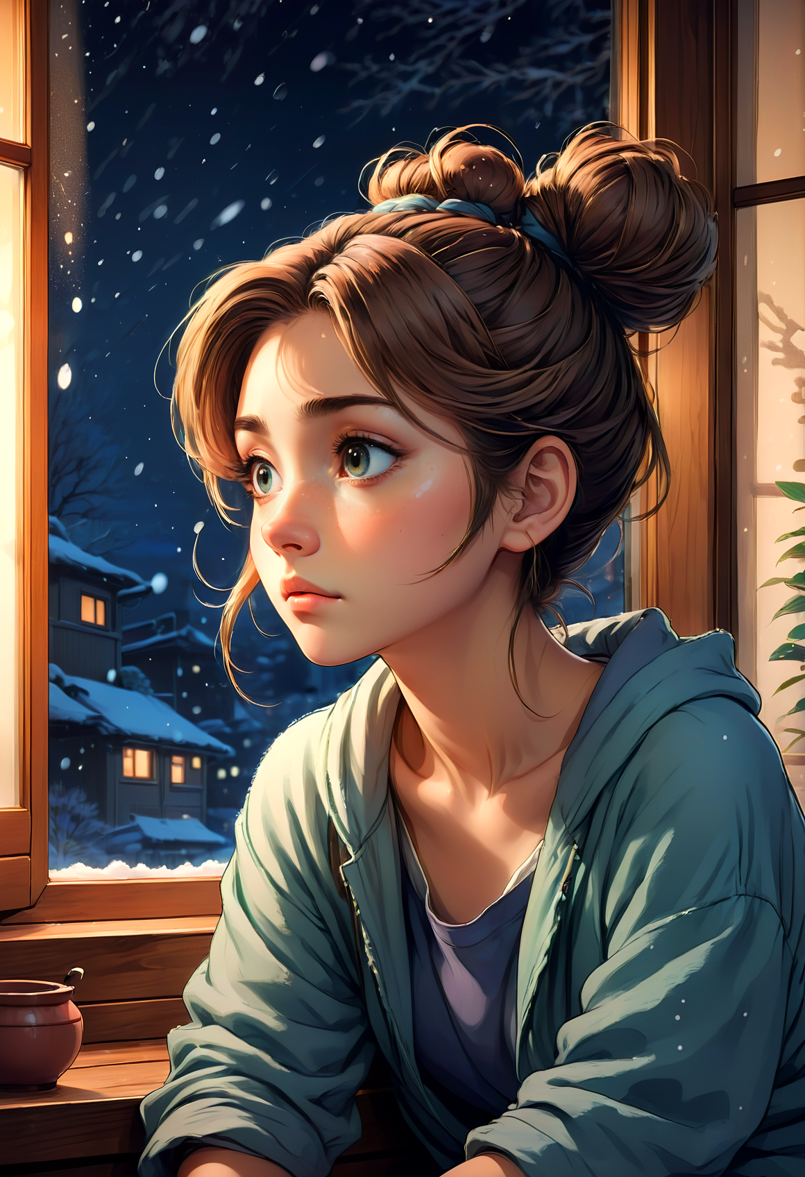 lofi anime drawing of an extremely beautiful woman with hair in a messy bun sitting next to a window, snowy night, pondering life, relaxed expression, beautiful colors, studio ghibli, anime style, drawing, beautiful detailed eyes, illustration, clean, high quality, extremely detailed, beautiful, inspiring<lora:SDXLFaeTastic2400:0.8>