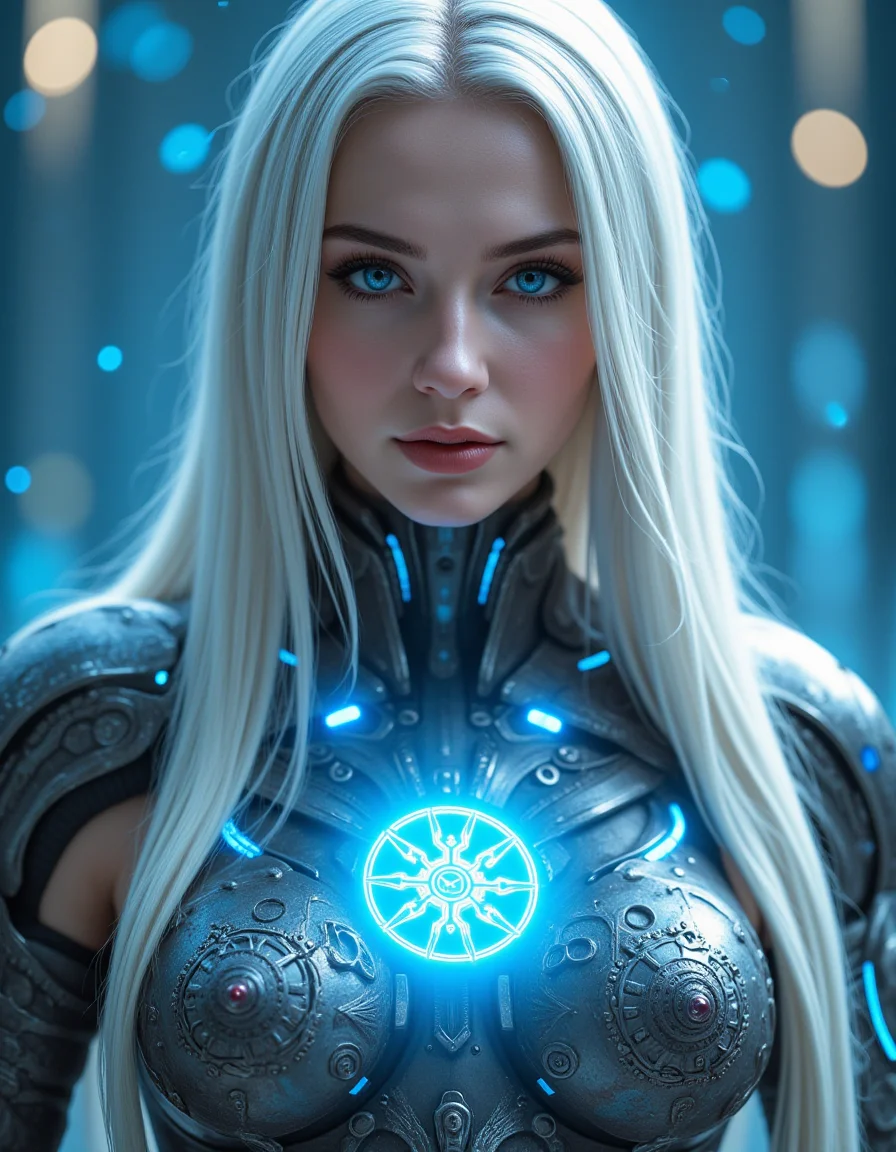 hyperrealistic, photo, masterpiece, stunning, best quality,
20-year-old Nordic cyber goddess with flawless pale skin, mesmerizing deep blue eyes that pierce through everything. Her long silver hair shimmers starlight, flowing down her back. Her body is adorned with intricate cybernetic enhancements, including sleek metallic arms of precision alloys and liquid metal that shifts with fluidity. She wears a futuristic armor, embossed with ancient Nordic symbols, glowing with radiant lights that represent both divine power and cutting-edge technology.
perfect lighting, professional, high contrast, bright colors, intricate details, (high quality texture), (sharp), (artistic image), 8K, highly detailed, fantasy, vivid, rich details,