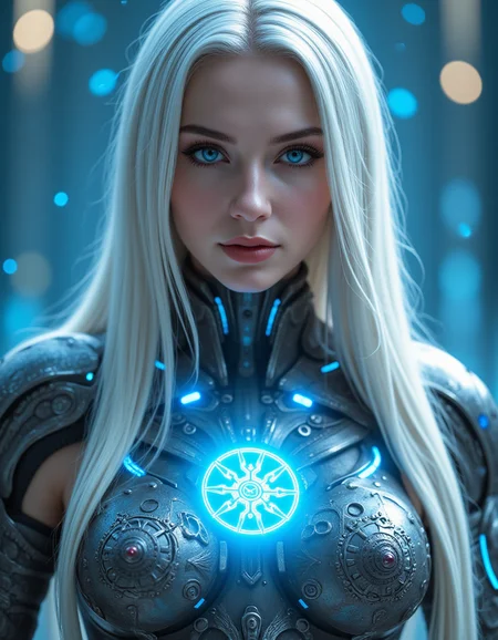 hyperrealistic, photo, masterpiece, stunning, best quality,
20-year-old Nordic cyber goddess with flawless pale skin, mesmerizing deep blue eyes that pierce through everything. Her long silver hair shimmers starlight, flowing down her back. Her body is adorned with intricate cybernetic enhancements, including sleek metallic arms of precision alloys and liquid metal that shifts with fluidity. She wears a futuristic armor, embossed with ancient Nordic symbols, glowing with radiant lights that represent both divine power and cutting-edge technology.
perfect lighting, professional, high contrast, bright colors, intricate details, (high quality texture), (sharp), (artistic image), 8K, highly detailed, fantasy, vivid, rich details,