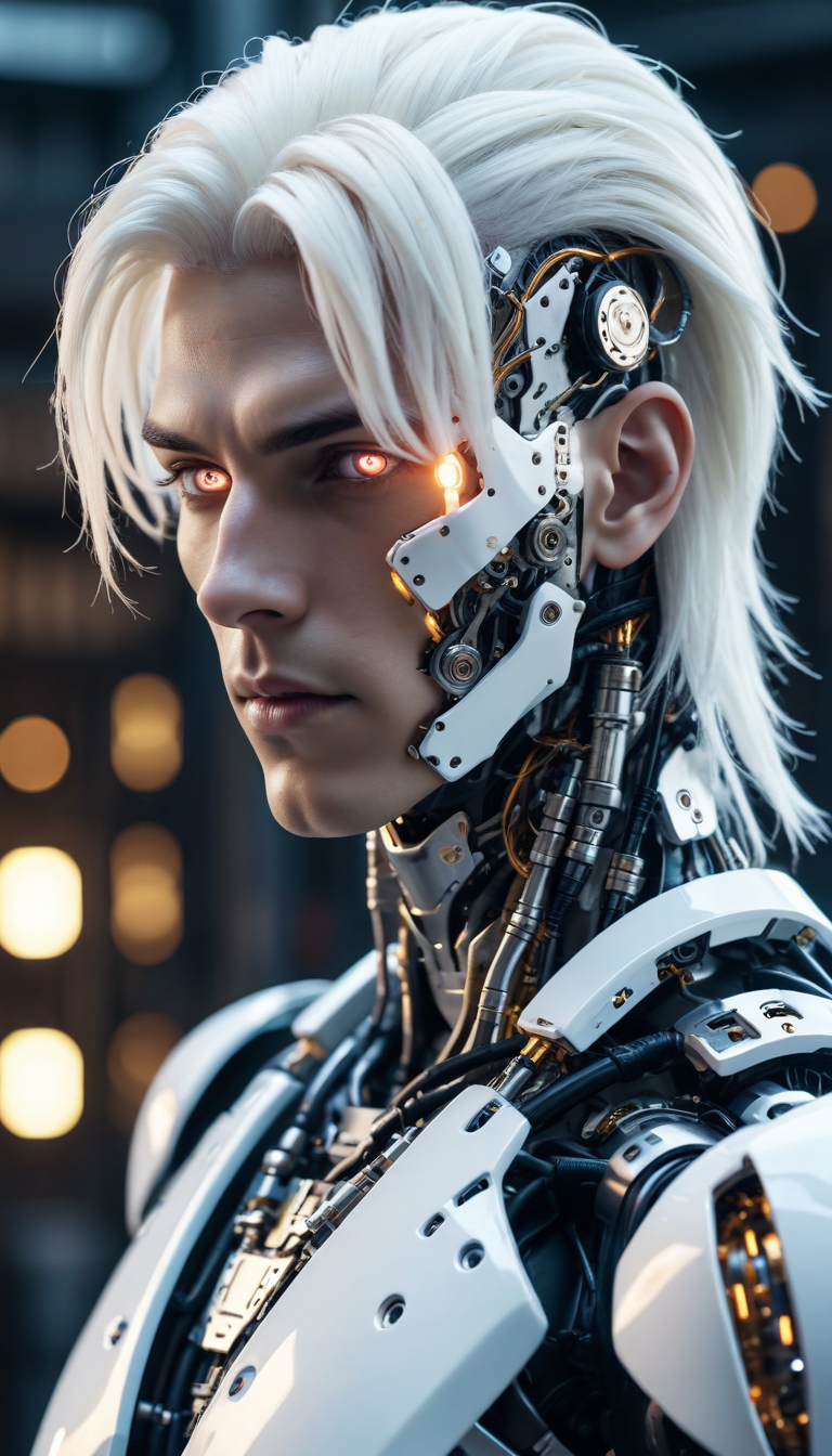 a dramatic fantasy portrait of an epic cyberpunk android young male model robot, covered in glowing mechanical parts and white PVC panels, sporting medium length white hair, intricately detailed,  (perfectly-lit, crisp focus, absurdres, 8k UHD, HDR, vivid color, depth of field, contrast, clarity, balance), <lora:sdxl_lightning_8step_lora:1>