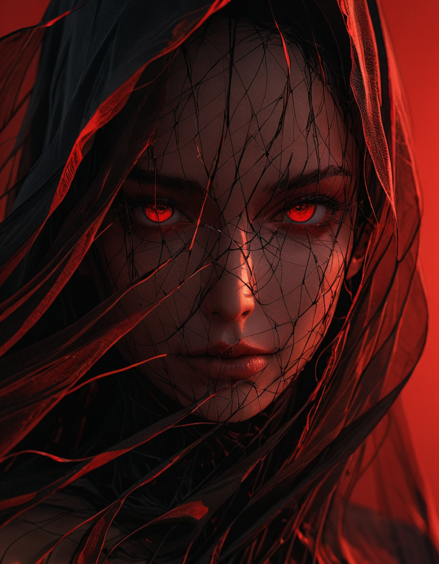 close-up of face from the front, silhouette of beautiful female figure covered with a transparent veil, artistic pose, veil lifted by the wind, movement, minimalist, sensuality, surreal, 3D, black and red tones, frontal lighting <lora:Sinozick:1> <lora:add-detail-xl:1> <lora:detailed_notrigger:1>