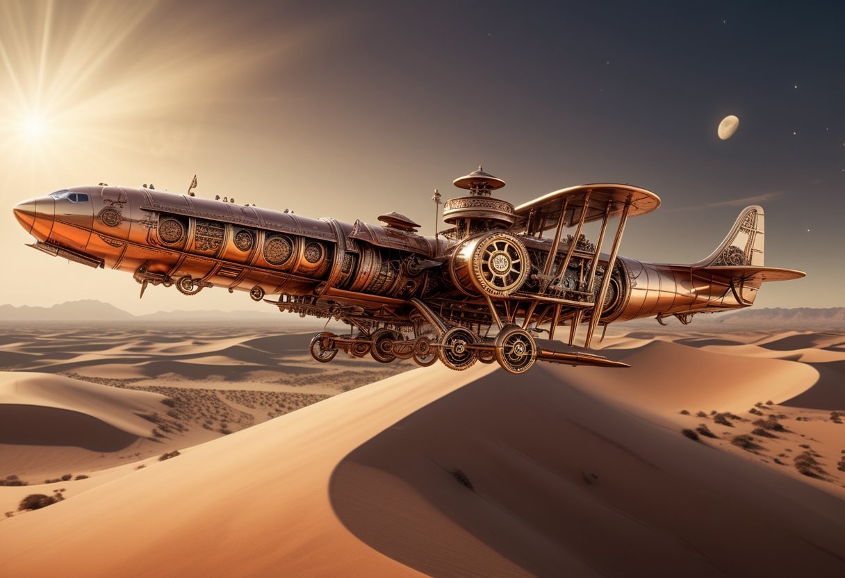 award winning, (professional photo) of (elaborate large brass steampunk plane) with copper body,  adorned with guild insignia, the aircraft is flying over  a vast desert, with rolling dunes, scorching sun, and a sense of desolation, under the moonlight, , creative, beautiful, vibrant, masterpiece, 64k, UHD, HDR, full view, atmospheric lighting, extremely detailed