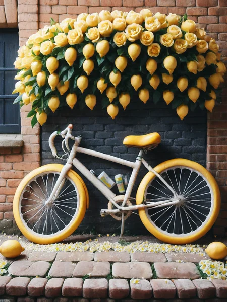 An ais-lmnsgr bicycle leaning against a brick wall, covered in vibrant flowers <lora:ais-lmnsgr-sdxl:1>