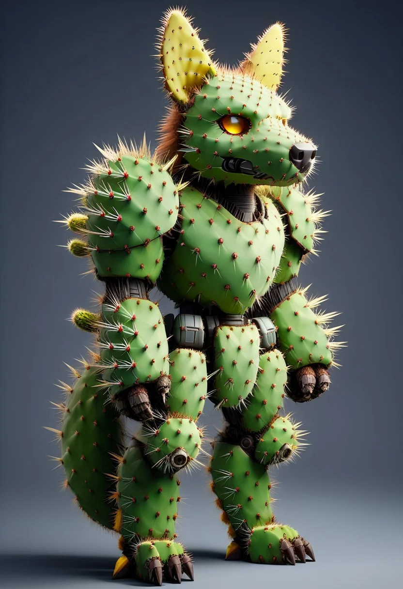 score_9, score_8_up, score_7_up, cs-l3ath3r, NCRender,
Hidegarurumon is a fierce, wolf-like Digimon covered in rugged, dark brown Prickly Cactus armor. Its fur is sparse and resembles a patchwork of aged, Prickly Cactus pieces that provide both flexibility and durability. The armor on its body is reinforced with Prickly Cactus straps and buckles, designed to offer both protection and mobility. Its glowing yellow eyes shine through a mask-like Prickly Cactus faceplate, and sharp Prickly Cactus claws extend from its paws, capable of tearing through most materials. A large, jagged Prickly Cactus tail swishes behind it, hardened to serve as both a weapon and a tool for balance in combat. NCRender