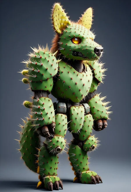 score_9, score_8_up, score_7_up, cs-l3ath3r, NCRender,
Hidegarurumon is a fierce, wolf-like Digimon covered in rugged, dark brown Prickly Cactus armor. Its fur is sparse and resembles a patchwork of aged, Prickly Cactus pieces that provide both flexibility and durability. The armor on its body is reinforced with Prickly Cactus straps and buckles, designed to offer both protection and mobility. Its glowing yellow eyes shine through a mask-like Prickly Cactus faceplate, and sharp Prickly Cactus claws extend from its paws, capable of tearing through most materials. A large, jagged Prickly Cactus tail swishes behind it, hardened to serve as both a weapon and a tool for balance in combat. NCRender