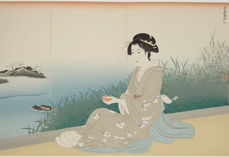 A refined Edo-period lady, dressed in an exquisite pastel-colored kimono with delicate butterfly and plum blossom motifs, gracefully performs a traditional tea ceremony in a tatami-floored tea house. Her movements are precise and serene, her hands elegantly holding a ceramic tea bowl with steam rising from freshly brewed matcha. The shoji screens behind her are slightly open, revealing a misty morning garden filled with bamboo, stone lanterns, and a gentle koi pond. The composition highlights tranquility, precision, and elegance, with delicate Ukiyo-e brushstroke textures enhancing the serene atmosphere.
Key elements:
Edo-period noblewoman performing tea ceremony
Tatami mat tea house, shoji screens revealing garden view
Soft morning light filtering through misty bamboo forest
Fine details in kimono patterns, peaceful Ukiyo-e composition
