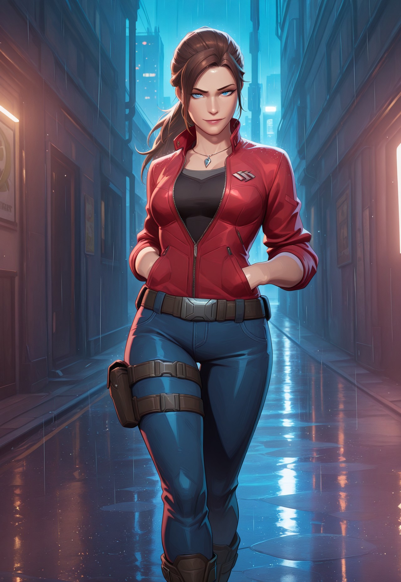 (score_9, score_8_up:1.1), score_7_up, 8k, masterpiece, high quality, extremely detailed, MarvelRivals, semi realistic, cartoon, <lora:AMarvelRivals_style-06:1>, cl4ire, medium breasts, blue eyes, brown hair, long hair, ponytail, necklace, red jacket, partially unzipped, sleeves rolled up, black tank top, jeans, boots, utility belt, holster, thigh strap, cold soft lighting, shiny skin, perfect reflection, perfect lighting, perfect shadows, perfect anatomy, perfect chest, perfect hips, perfect legs and feet, perfect hands, perfect face, perfect eyes, perfect waist, perfect body, perfect face shape, perfect mouth, perfect hair, perfect waist, best quality, detailed hair, expressive eyes, sexy, long legs, slim body, (city, alley, night, fog, rain,) seductive pose, seductive smirk, looking at viewer, raised eyebrow, hands on pockets, cowboy shot,