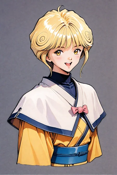score_9,score_8_up,score_7_up,masterpiece,best quality,very aesthetic,absurdres,official art,official style,
Katsura Masakazu Style,
Ai Amano,1girl,blonde hair,solo,short hair,smile,open mouth,looking at viewer,yellow eyes,bangs,upper body,sash,bow,grey background,simple background,blush,yellow short kimono white pantyhose white capelet pink obi pink bow,retro artstyle,pencil sketch lines,traditional media,
<lora:super lora_flyx3_XL_PONY:1>,