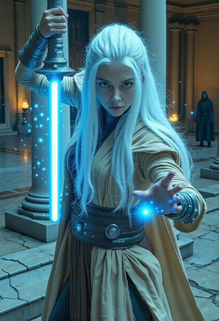An enigmatic female Jedi (with flowing platinum hair) strikes a combat pose, wielding a blue lightsaber that illuminates the surrounding fog. Each twist of the weapon leaves vibrant trails of blue energy in the air, briefly revealing an otherworldly setting. The clarity of the saber's slash contrasts sharply with the mist-blurred background. Her intense, piercing gaze bores into the viewer, charged with determination. She wears Jedi robes in earth tones (beige and dark brown) with metallic accents on the bracers, her cape spread like a fan across the cracked ancient stone floor. Dramatic lighting combines the cool glow of the saber with warm candles in the background, creating halos of light above her hair. Columns of an ancient temple are lost in the gloom, with a dark figure barely visible among them. Particles of dust and ethereal fog float by, catching the bluish light. The atmosphere is one of mystical suspense, where the precision of Jedi combat collides with the unknown. facial expression displays a mix of power and relentless determination, with lips slightly curved in a smirk.