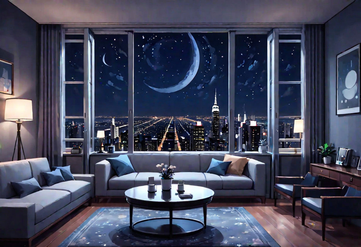 ((((front view)))), Shallow scene, ((animation style)), (((City high-rise building scenery))), ((((City scenery outside the window)))), ((sense of mystery)), (night), starry sky, moonlight, (weak light), (Facing the window), (open window), modern-style interior,  (sofa and coffee table by the window sill), Wooden floor, with white walls, (large windows), carpet, a living room, (((Sofa placed horizontally))), (Behind the sofa is the window sill),