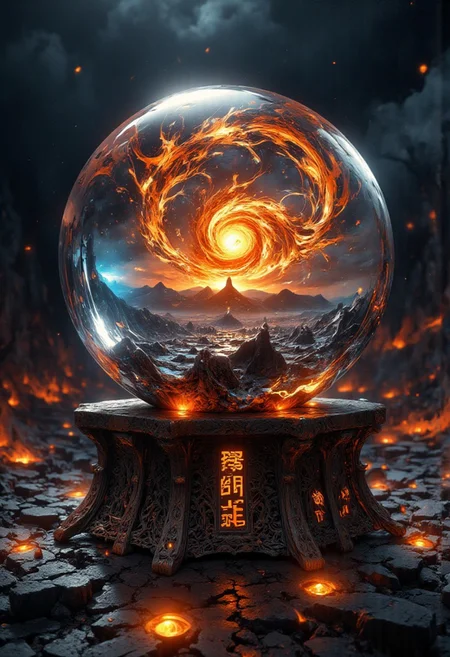 "A hyperrealistic close-up shot of a crystal ball resting on a weathered, blackened pedestal carved with intricate runes glowing faintly in amber. Inside the crystal ball, a swirling flame burns eternally, its vibrant hues shifting between orange, gold, and blue, as though alive and suspended in time. The reflection on the ball shows a desolate, ash-covered landscape with a single distant, jagged mountain peak beneath a crimson and stormy sky. Around the pedestal, scattered embers glow softly, casting warm light on the cracked and textured ground. The background fades into a smoky haze, with subtle flickers of firelight illuminating the swirling smoke patterns. The lighting is dramatic, with intense highlights on the crystal ball and deep, shadowy contrasts around the edges, creating a powerful, moody atmosphere. Hyperdetailed textures, glowing ember effects, and intricate reflections bring the fiery core and surrounding environment to life."
<lora:FluxDFaeTasticDetails:0.2> <lora:aidmaHyperrealism-FLUX-v0.3:0.8>
