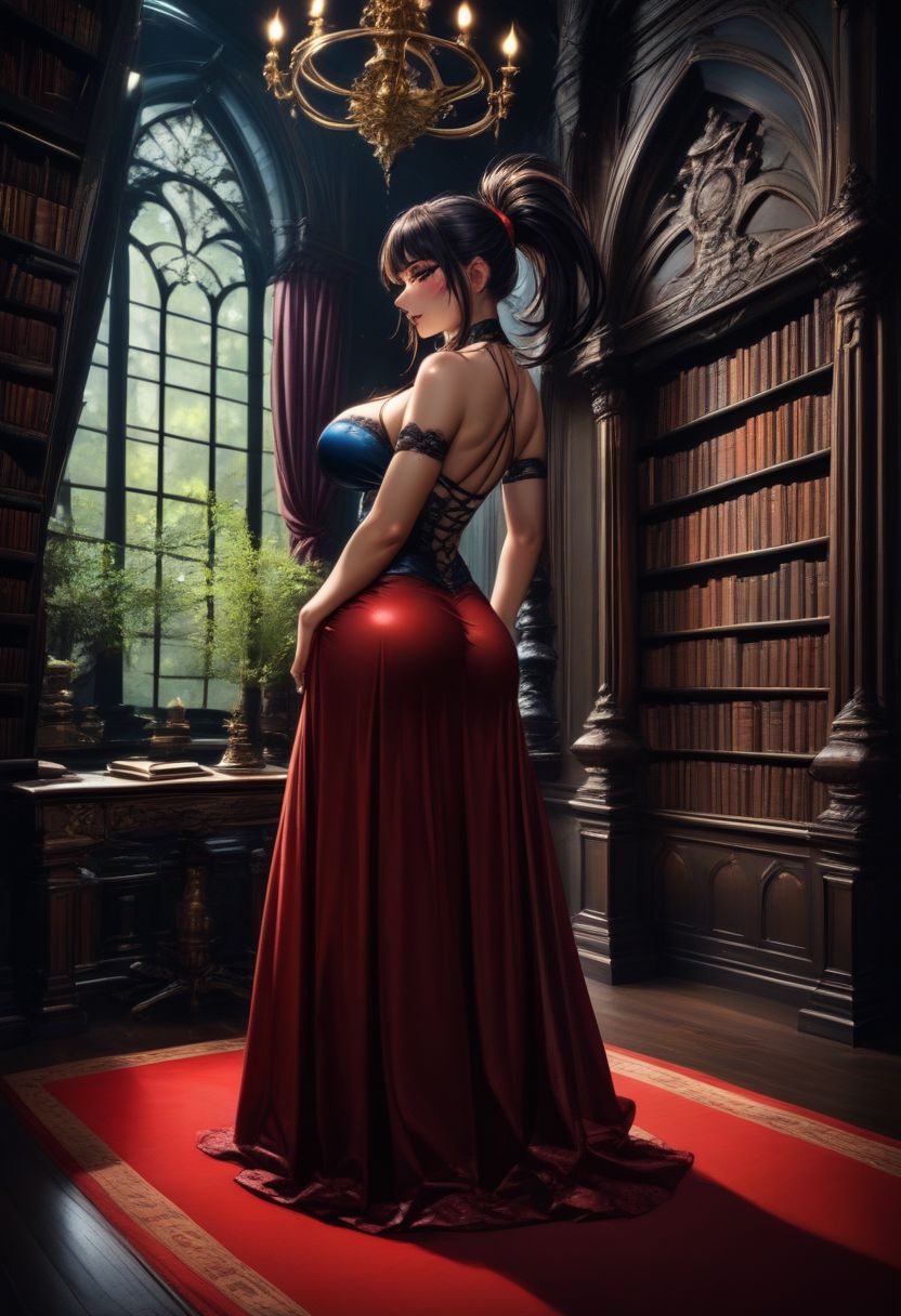 score_9, score_8_up, score_8, BREAK, zzDarkAcademia, indoors, dark theme, tree, no humans, window, chair, table, plant, library, red carpet, candlestand, chandelier, books, dim lighting,
BREAK,
subsurface scattering, soft lighting, contemplative expression, dark background, subtle makeup, high-resolution, detailed texture, emotional depth, dramatic mood, side profile, serene atmosphere, cinematic lighting. perfectly round breasts, big breasts, firm breasts, SkinHairDetail, eye contact