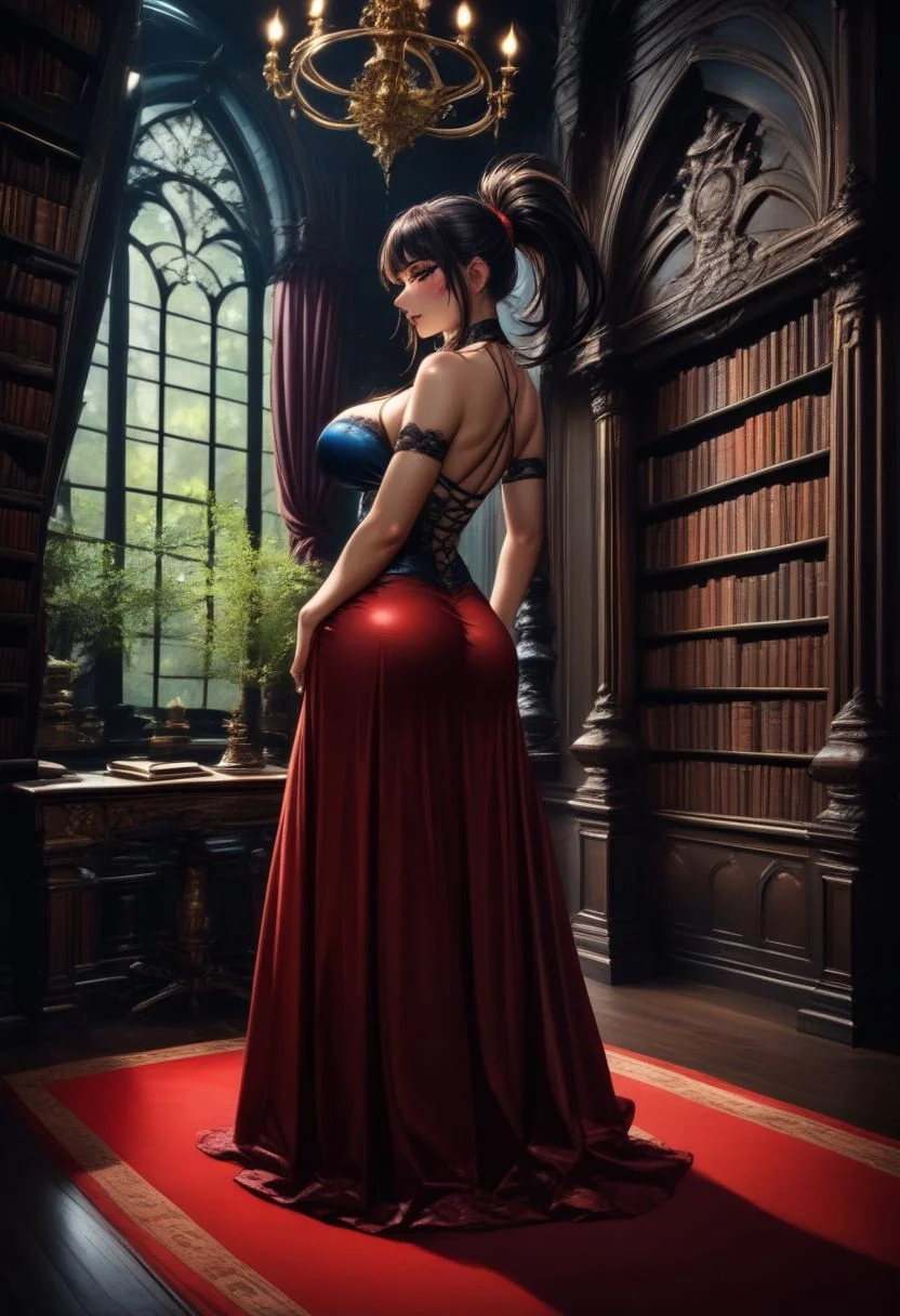 score_9, score_8_up, score_8, BREAK, zzDarkAcademia, indoors, dark theme, tree, no humans, window, chair, table, plant, library, red carpet, candlestand, chandelier, books, dim lighting,
BREAK,
subsurface scattering, soft lighting, contemplative expression, dark background, subtle makeup, high-resolution, detailed texture, emotional depth, dramatic mood, side profile, serene atmosphere, cinematic lighting. perfectly round breasts, big breasts, firm breasts, SkinHairDetail, eye contact