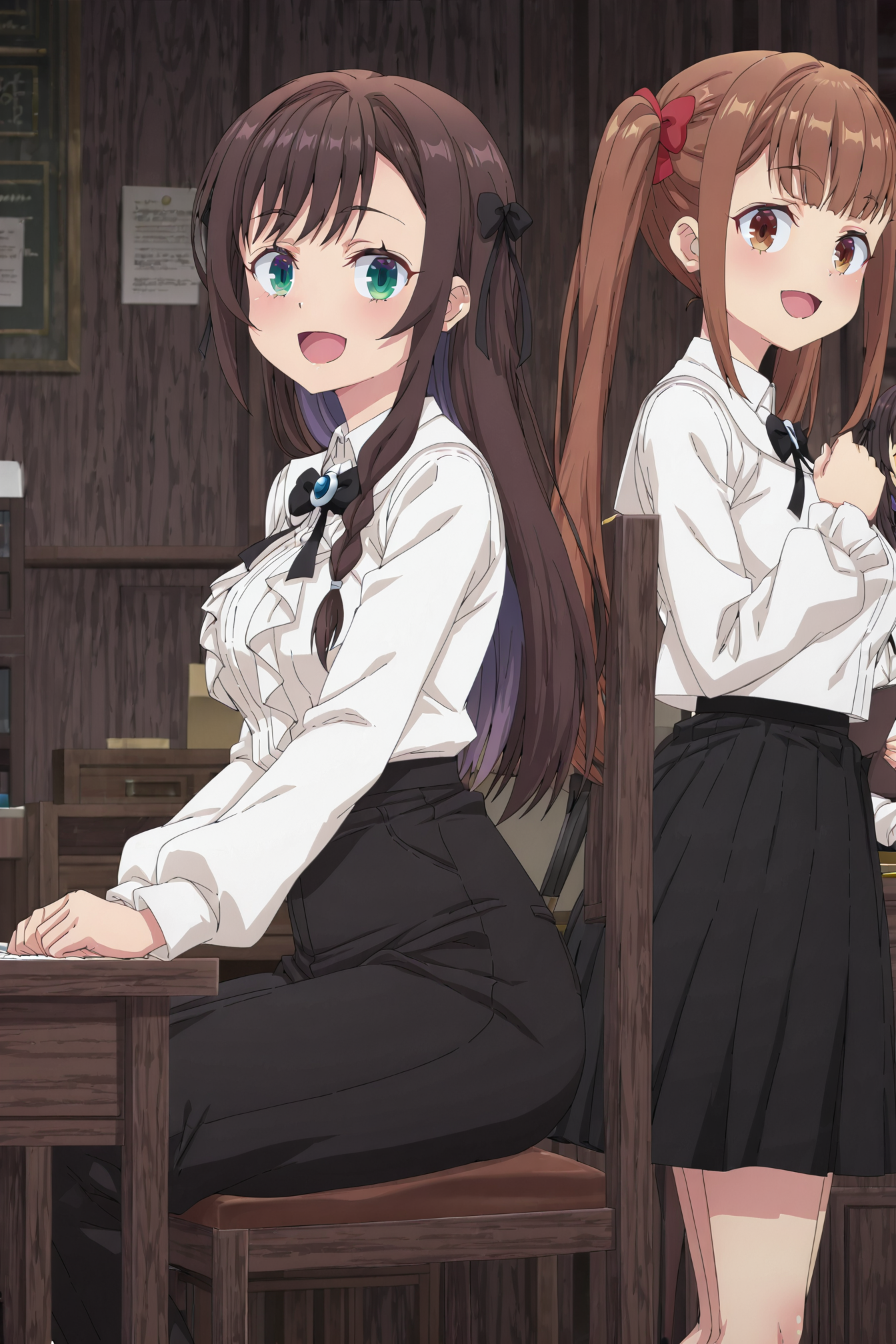 detailed background, shiny skin, posing,
<lora:guilmas.il:1>,
guilmas,
2girls, 
alina, laila, 
clothed girl, 
desk, receptionist, smile, sit, looking at viewer, open mouth, paper, chair, 
side by side,