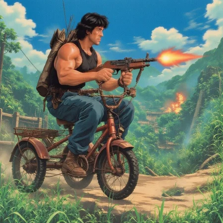 score_9, score_8_up, score_9_up, anime style, rambo, Satllone as Rambo rides a tricycle, red tricycle, small trycicle, large rambo, size difference, shooting a machine gun, machine gun, outdoor, in the jungle,  jungle in the background, explosions in the background, war, dynamic view