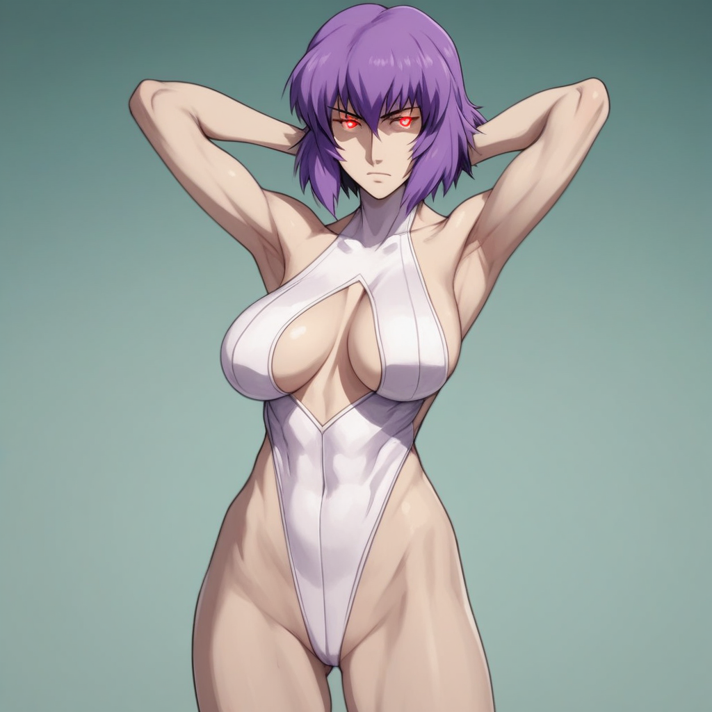 score_9, score_8_up, score_7_up, source_anime, expressive, anime, C0NTR4CT0R, speedlines, dynamic, 1girl, Motoko Kusanagi\(Ghost in the Shell\), (purple Hair:1.3), revealing clothing, armpit_hair, slender, short, large breasts, red_pupils, glowing, glowing eyes,