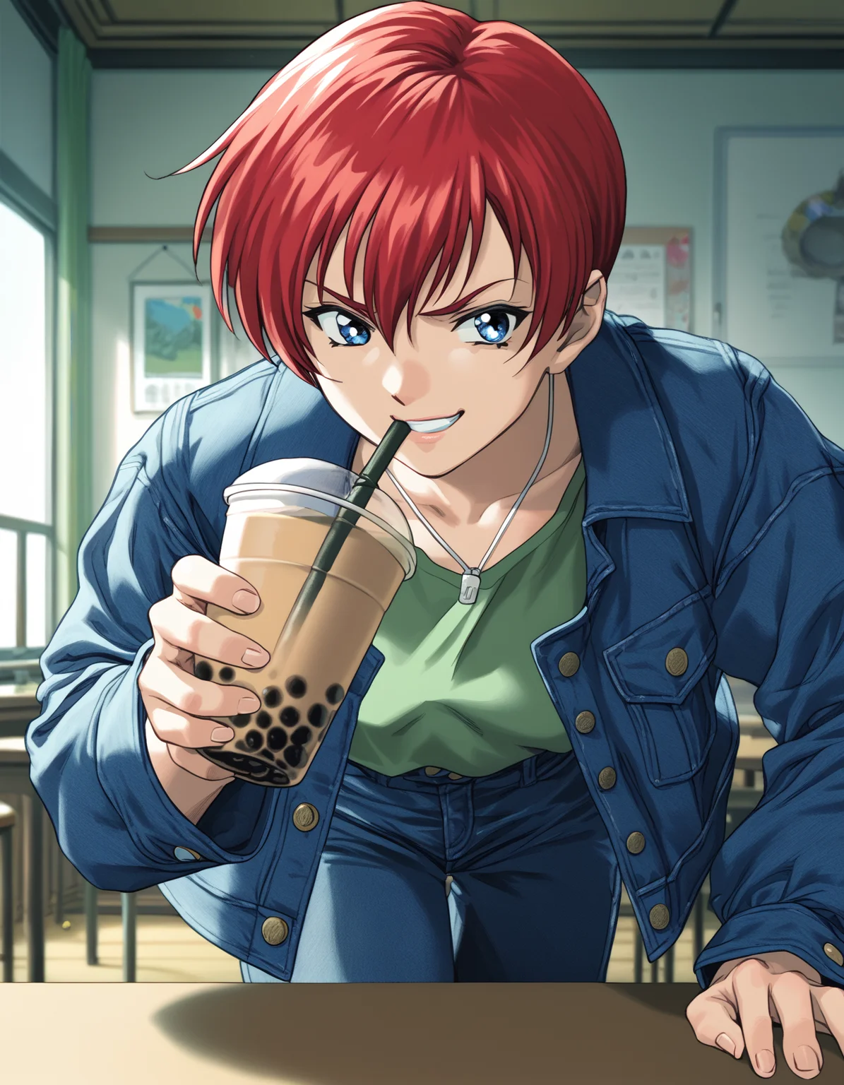 score_9, score_8_up, score_7_up, <lora:shuusaku-v2-ponyxl-000016:0.9> asami, short hair, red hair, blue eyes, locket, denim jacket, open jacket, green shirt, denim skirt,
1girl, solo, smirk, leaning forward, table, bubble tea, pov, close-up