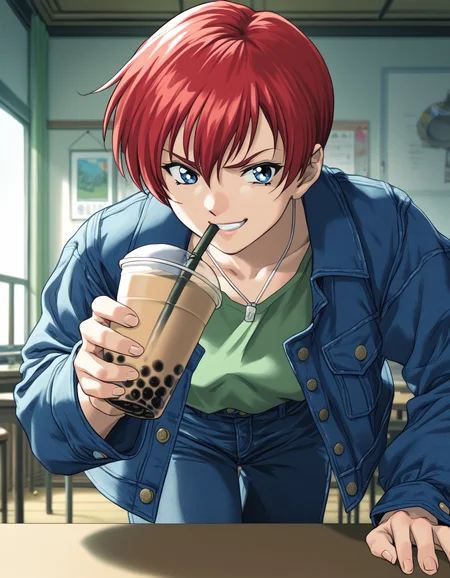 score_9, score_8_up, score_7_up, <lora:shuusaku-v2-ponyxl-000016:0.9> asami, short hair, red hair, blue eyes, locket, denim jacket, open jacket, green shirt, denim skirt,
1girl, solo, smirk, leaning forward, table, bubble tea, pov, close-up