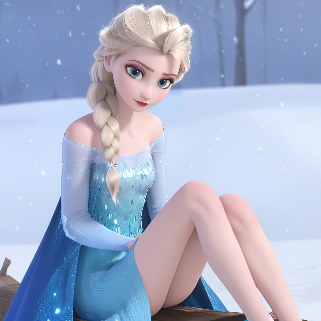 score_9, score_8_up, score_7_up, score_6_up, absurdres, best quality, <lora:elsa33:1> , elsa33, 1girl, long hair, blue eyes, blonde hair, dress, bare shoulders, braid, blue cape, blue dress, hair over shoulder, red lips, eyelashes, eyeshadow, makeup, frozen \(disney\), anime screencap, long sleeves, looking at viewer, sitting on a log, snowing,