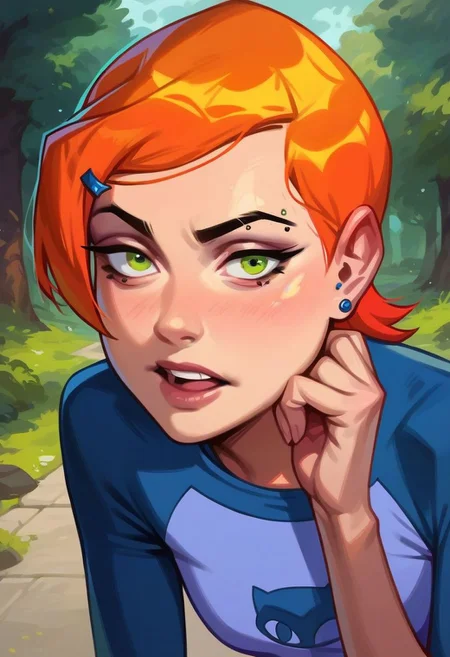 score_9, score_8_up, score_7_up, score_6_up, score_5_up, score_4_up, 1girl, slim, fit, realistic, beautiful eyes, gwen tennyson (/Ben10)/,(ultra HD quality details), bright orange hair, short hair, (green eyes), mouth opened, hiding, focusing on colorful beetle