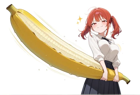 1girl, medium breasts, bouncing breasts, twintails, medium hair, holding banana, smug, closed mouth, brave_pose <lora:Brave_Pose:1>, masterpiece, best quality, amazing quality, very aesthetic, absurdres, highres, newest