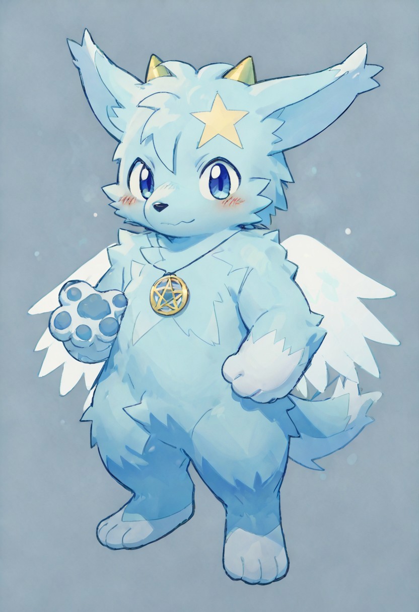 fnw, score_9, zPDXL3, stella (hitsuji umino), 1boy, furry, solo, blue theme, full body, blushing, renpychargen, simple background