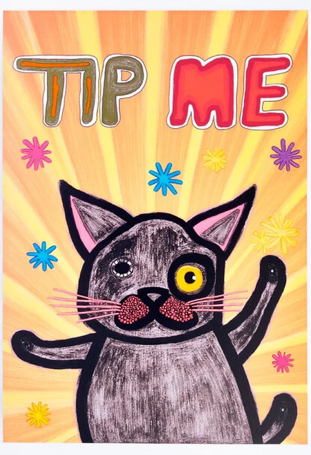 Cool ART BRUT DOG dancing and saying "Tip me" the clear bold text.
colorful striped backdrop and explosions.