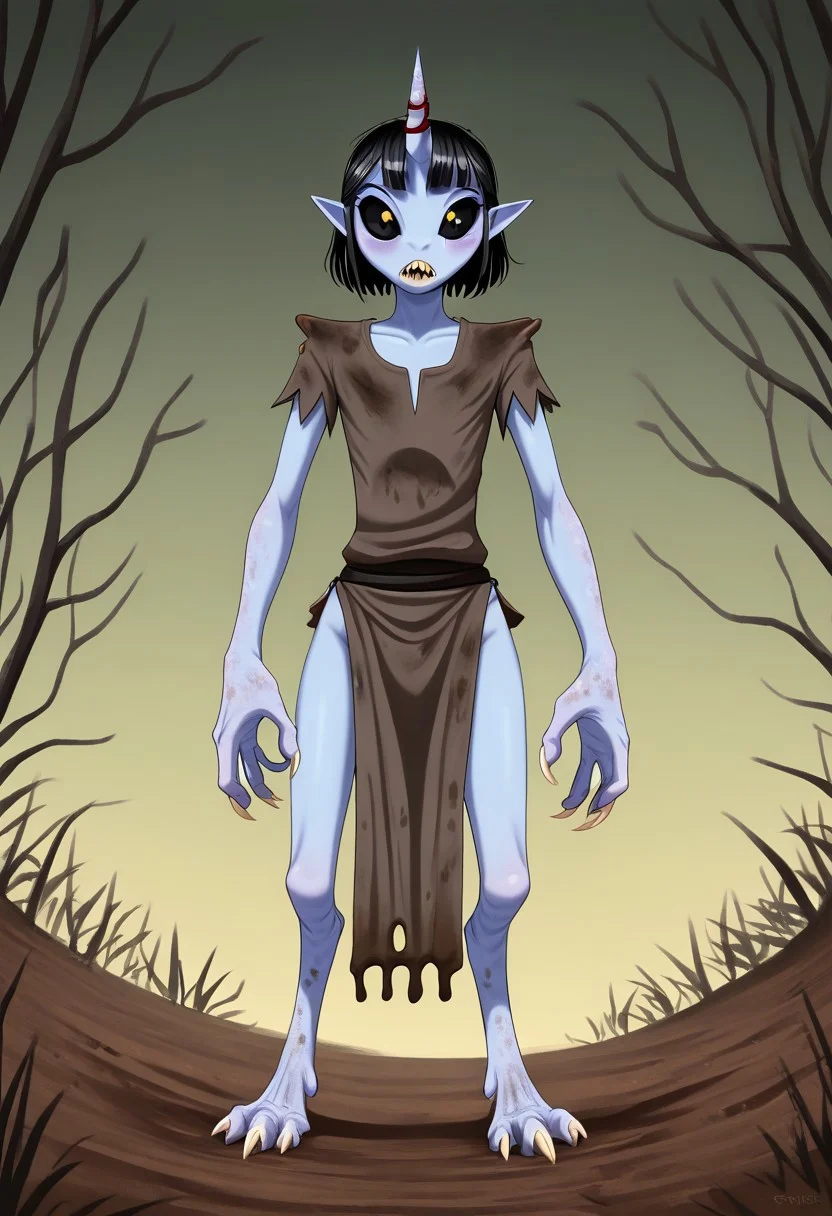 ((Alien humanoid)),
((Alien species)), solo, androgynous, aquatic features
blue skin, ((webbed hands, skin between fingers)),
((No nose)):1.3, ((nostrils only, nostril slits, vertical nasal slits, narrow nostrils)):1.5, ((narrow eyes)), ((black sclera, black irises)), smooth skin, pointy ears, small ears, tiny ears, holes in skin, forehead horn, short horn, veiny horn, ((single horn)):1.0, ((4 fingers)), fingernails, thin lips, ((black hair)), ((short hair, spiky hair)), sharp teeth, ((digitigrade legs)), bent legs,
full body shot
ragged clothes, muddy clothes, loincloth, tunic, dirty
Medieval style, fantasy style,
((Variety)):1.2
((dutch angle, 3/4 view))
river background
fully clothed, loose clothing, clean lines, smooth colors, detailed fingers, sfw, source: realistic, rating: pg, score: 8 up, score: 9