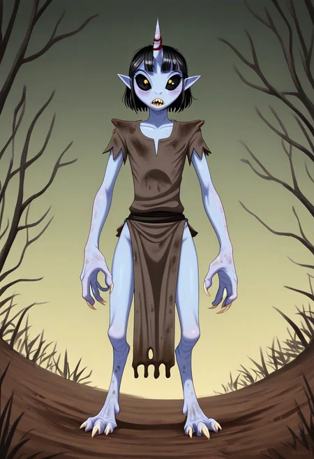((Alien humanoid)),
((Alien species)), solo, androgynous, aquatic features
blue skin, ((webbed hands, skin between fingers)),
((No nose)):1.3, ((nostrils only, nostril slits, vertical nasal slits, narrow nostrils)):1.5, ((narrow eyes)), ((black sclera, black irises)), smooth skin, pointy ears, small ears, tiny ears, holes in skin, forehead horn, short horn, veiny horn, ((single horn)):1.0, ((4 fingers)), fingernails, thin lips, ((black hair)), ((short hair, spiky hair)), sharp teeth, ((digitigrade legs)), bent legs,
full body shot
ragged clothes, muddy clothes, loincloth, tunic, dirty
Medieval style, fantasy style,
((Variety)):1.2
((dutch angle, 3/4 view))
river background
fully clothed, loose clothing, clean lines, smooth colors, detailed fingers, sfw, source: realistic, rating: pg, score: 8 up, score: 9