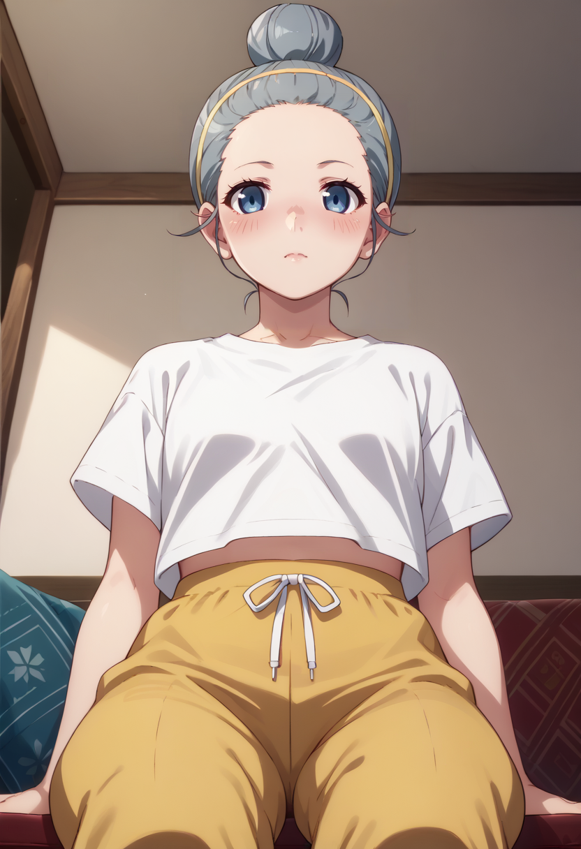 score_9, score_8_up,
1girl, <lora:NikawaUmikawa_OffSeason_PDXL:0.9>, nikawaumikawa, blue eyes, single hair bun, grey hair, yellow hairband,
lowleg pants, sitting, looking at viewer, from below,
blush,
indoors