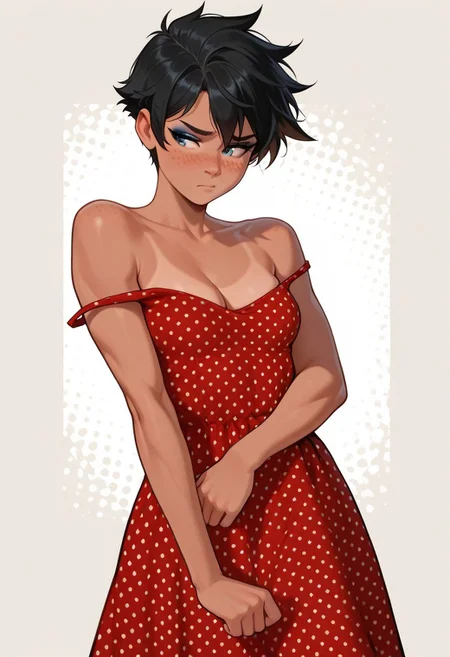 masterpiece, best quality, 32k, high resolution, absurdres, source_anime, 1girl,  Rebecca, RebeccaRH , 1girl, cute face, tomboy, short black hair, blue eyes, [freckles], tanned skin, small perky breasts, fit, toned , abstract background, detailed background, posing, dynamic pose, standing up, looking away, cowboy shot, front view, polka dot dress, red dress, bare shoulders, cleavage, off shoulder, makeup, shy, embarrassed, looking away,