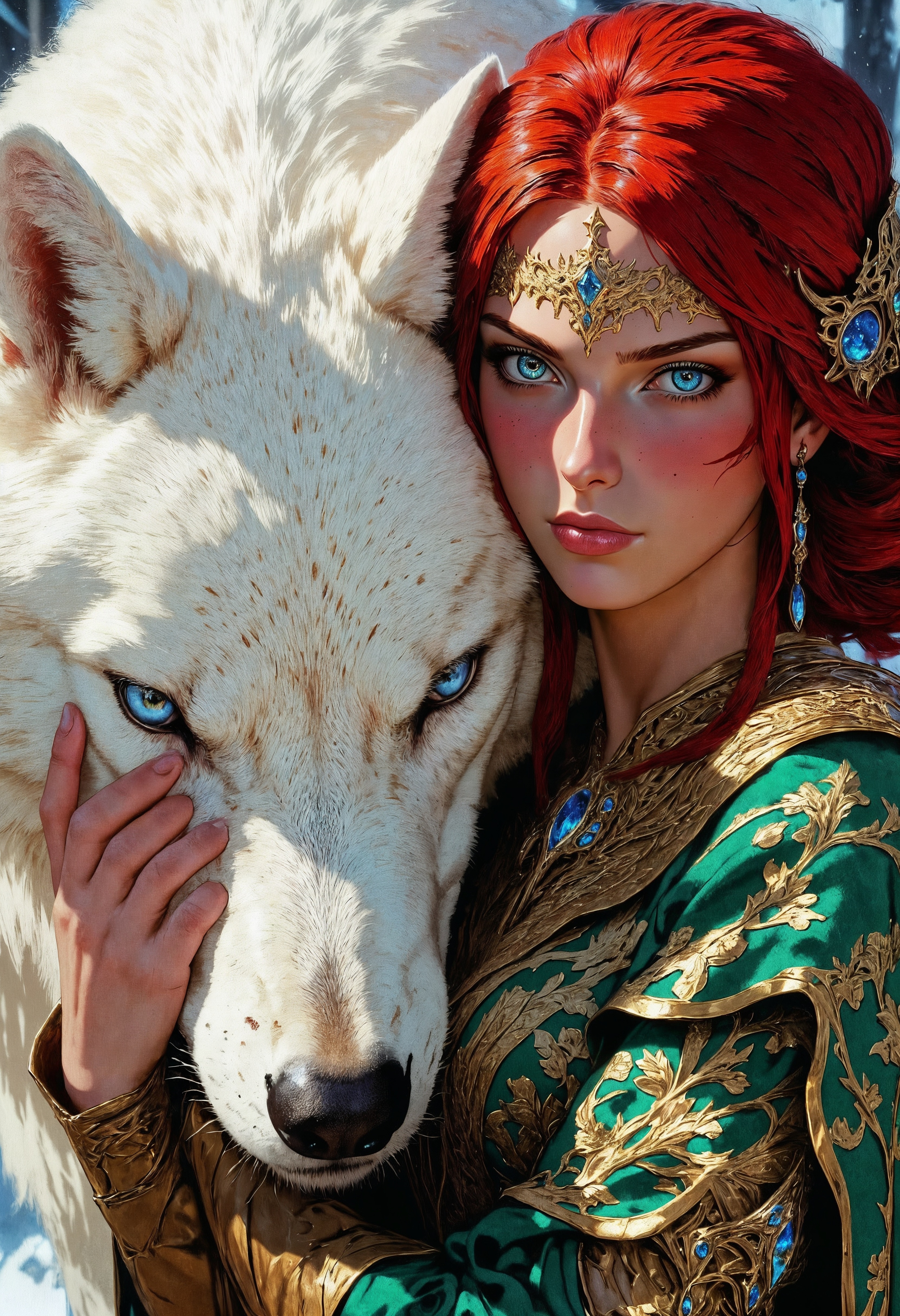 TrissMA, Face close up, gorgeous perfect eyes, highly detailed eyes, glossy lips. Highly detailed and stylized fantasy illustration featuring a young woman with red hair, wearing a dress adorned with patterns. Her skin is fair, and her expression is serene as she embraces a large, white wolf with striking blue eyes. The wolf's fur is textured and realistic, complementing the intricate details of the woman's outfit. The background is a soft, snow land, emphasizing the subjects. The overall composition conveys a sense of companionship and strength, with a focus on the bond between the woman and the wolf. The image is rich in texture and detail, showcasing a harmonious blend of fantasy elements and realistic features. (maximum ultra high definition image quality and rendering:3), maximum image detail, maximum realistic render, (((ultra realist style))), realist side lighting, , 8K high definition, realist soft lighting, (amazing special effect:3.5) <lora:FluxMythV2:0.6> <lora:ck-painterly-fantasy:0.6> <lora:flux.1_lora_flyway_Epic-detail_v2:0.5> <lora:RetroAnimeFluxV1:0.7>
<lora:FluxTrissMA:0.8>