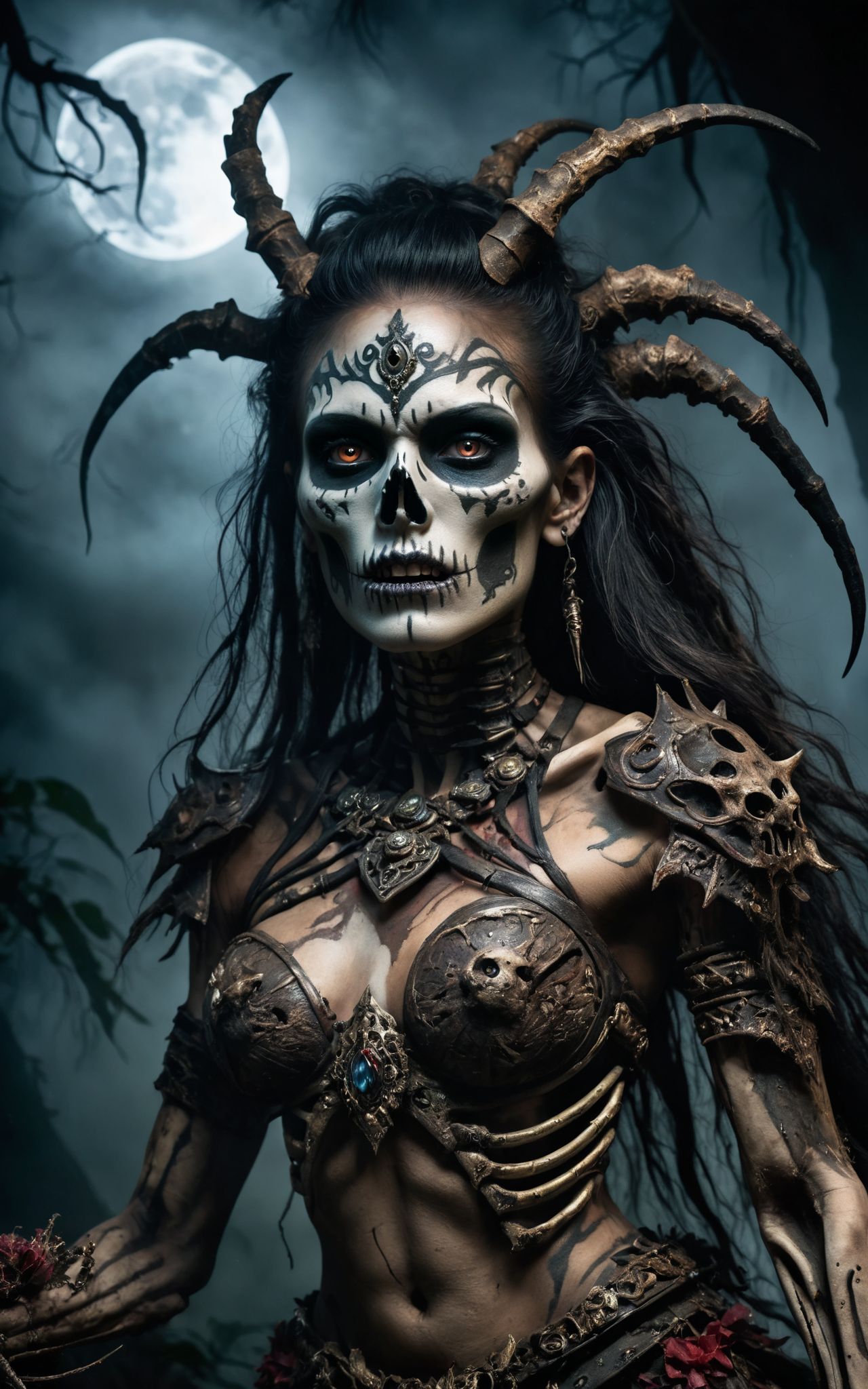Hyperrealistic, horror theme, rotting undead Amazoness warrior with skeletal makeup, very tall and muscular, tribal tattoo, decaying beauty, high detail, dynamic composition, intricate textures, fierce expression, in action pose, dark surrounding, low light, nighttime setting, realistic shadows, ethereal, flowing hair, strong and decayed, wearing skeletal armor, jungle background, confident and menacing, ultra-quality, expressive eyes, detailed skeletal makeup, thick fog, light particles shining from the moonlight, horror style, eerie atmosphere, jumpscare element, ghostly apparitions, rotting flesh, menacing