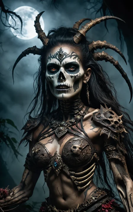 Hyperrealistic, horror theme, rotting undead Amazoness warrior with skeletal makeup, very tall and muscular, tribal tattoo, decaying beauty, high detail, dynamic composition, intricate textures, fierce expression, in action pose, dark surrounding, low light, nighttime setting, realistic shadows, ethereal, flowing hair, strong and decayed, wearing skeletal armor, jungle background, confident and menacing, ultra-quality, expressive eyes, detailed skeletal makeup, thick fog, light particles shining from the moonlight, horror style, eerie atmosphere, jumpscare element, ghostly apparitions, rotting flesh, menacing