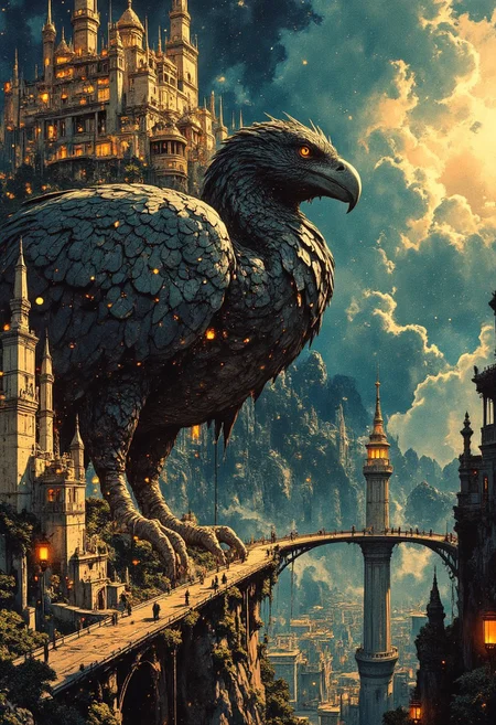 A City Built on the Wings of Giants
An ancient metropolis sprawls across the backs of enormous, slumbering creatures—colossal beings resembling birds with shimmering obsidian feathers, their forms half-buried beneath the weight of the city’s glowing towers. Bridges arch between their folded wings, temples and homes built along the ridges of their vast bodies, glowing lanterns hanging from their plumage like stars caught in an eternal pause. Above, the sky is not a sky but a swirling ocean of color, deep blues and electric golds twisting in currents. Citizens move carefully along the city’s precarious walkways, whispering prayers in case the great beings ever wake. In the distance, one of the creatures exhales in its sleep, sending a soft ripple through the air—so powerful that it bends the light, distorting reality itself for a moment before settling again.