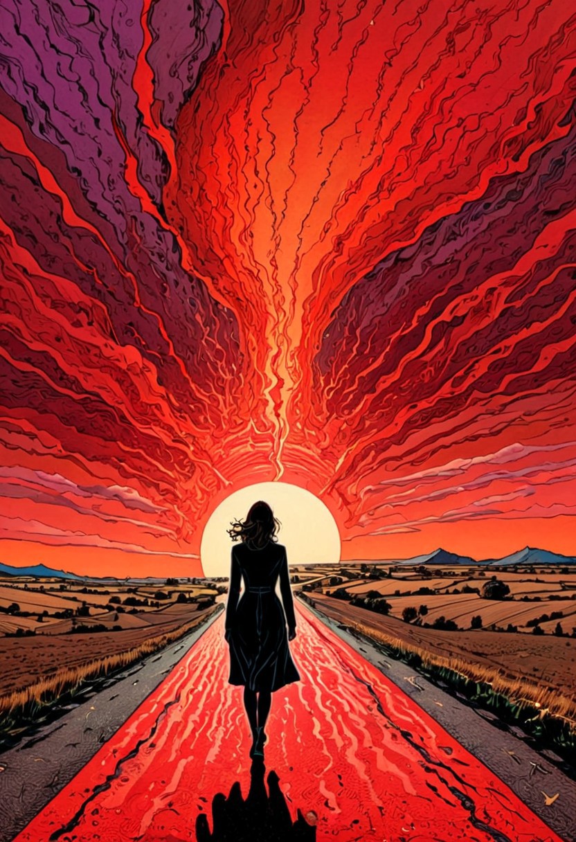 outdoors, sun going down on the background, woman walking on the road to the horizon,
realistic drawing by Stanley Donwood , comic book style, dynamic poses and unusual perspectives, highly sharp and superbly extremely detailed, dopamine red hue, black and brown, three-toned, unusual but extremely beautiful, masterpiece, best quality, art styled by Nicola Samori,
use colors like light purple and purple and light maroon