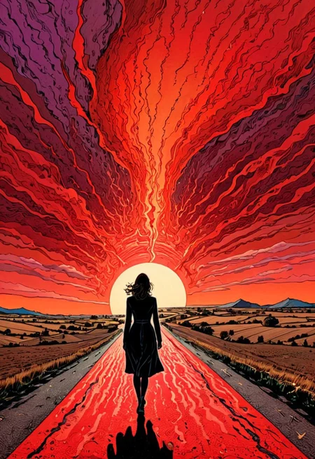 outdoors, sun going down on the background, woman walking on the road to the horizon,
realistic drawing by Stanley Donwood , comic book style, dynamic poses and unusual perspectives, highly sharp and superbly extremely detailed, dopamine red hue, black and brown, three-toned, unusual but extremely beautiful, masterpiece, best quality, art styled by Nicola Samori,
use colors like light purple and purple and light maroon