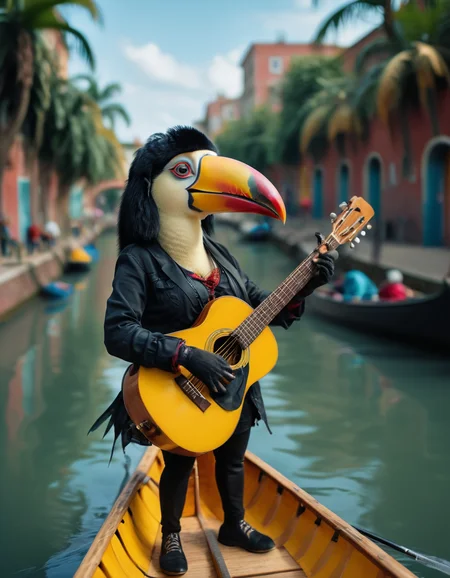 breathtaking closeup macro of a anthropomorphic toucan, genetically blended mixed with a woman with big lips, (Playing a guitar in a canoe in an urban canal:1.2)